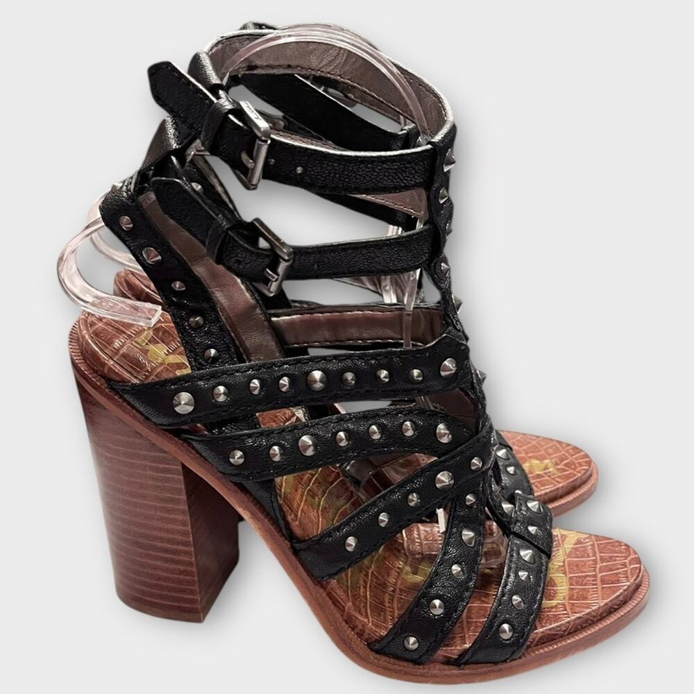 SAM EDELMAN Keith Black Leather Studded Heeled Sandals Size 7.5 - Picture 3 of 9